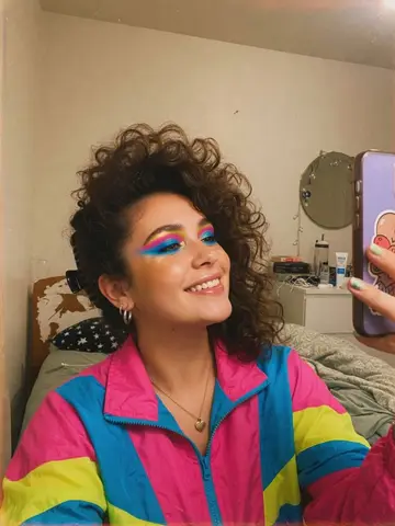 Exempel på 80-talsglam: Personen får en glamorös 80-talsmakeover med stor permanentad frisyr, starka ögonskuggor och en neonfärgad vindjacka, i en varm retrofilmlook.