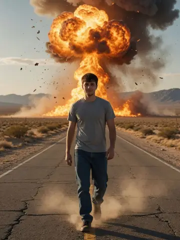 Exempel på Actionhjälte: Personen går mot kameran på en tom ökenväg med en enorm eldig explosion långt bakom sig, i filmisk actionbelysning.