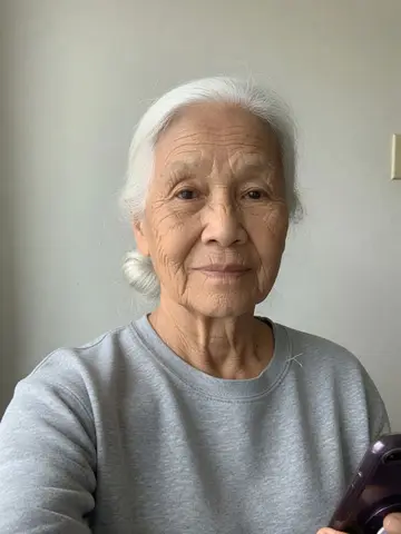 Exempel på 90 år gammal: Personen ser ut att vara 90 år, med realistiska rynkor och vitt hår, men är fortfarande lätt att känna igen.