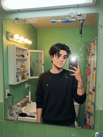 Exempel på Anime-jag: Personen och hela fotot ritas om som en tvådimensionell japansk animeillustration med cel shading, tydliga konturer och stora glansiga ögon, med samma pose och kläder.
