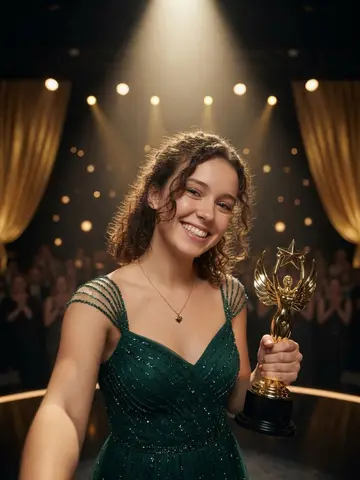 Exempel på Galakväll: Personen står på scenen under en glamourös prisgala i kvällsklädsel och håller upp en guldstatyett i strålkastarljuset.