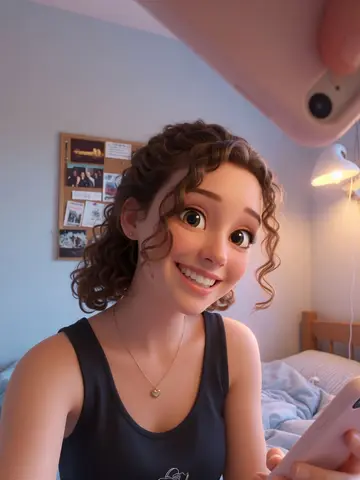 Exempel på Tecknade jag: Personen och hela bilden görs om till en figur i en 3D-animerad film med stora uttrycksfulla ögon och mjukt färgglatt ljus, med samma frisyr och kläder.
