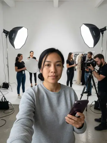 Exempel på Omslagsplåtning: Personen står på setet till en omslagsplåtning för ett modemagasin, med stora studiolampor, vit fond och ett fototeam runt sig.