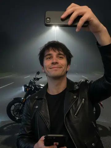 Exempel på Midnattsåkaren: Personen lutar sig mot en svart motorcykel på en tom, dimmig väg en natt under en gatlykta, i svart skinnjacka.