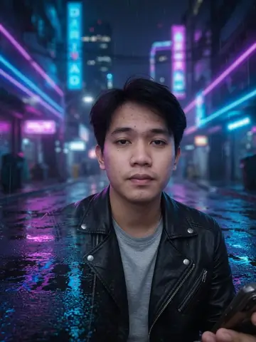 Exempel på Neon noir: Personen står på en regnig cyberpunkgata en natt i svart skinnjacka, med abstrakta neonljus som speglas i den blöta asfalten.