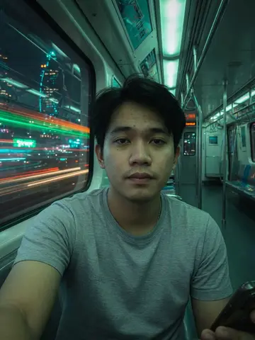 Exempel på Tunnelbana i natten: Personen sitter ensam i en tom tunnelbanevagn en natt i grönt och turkost filmiskt ljus, medan stadens ljus far förbi utanför fönstren.