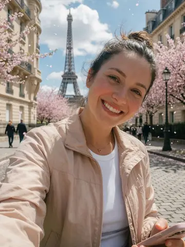 Exempel på Parisresa: Personen står på en gata i Paris med Eiffeltornet bakom sig en solig vårdag.