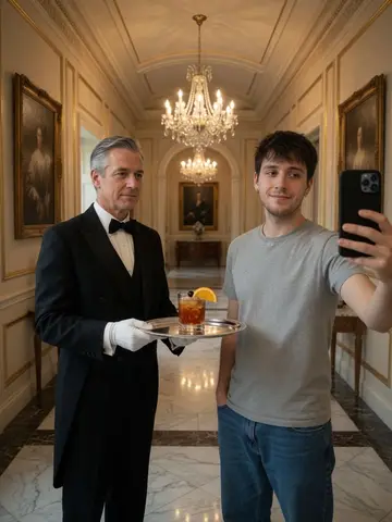 Exempel på Egen butler: Personen står i en storslagen herrgårdshall bredvid en elegant butler i svart frack och vita handskar, som håller fram en silverbricka med en drink.