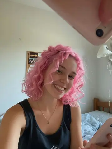 Exempel på Rosa hår: Personen har färgat håret klart tuggummirosa men har samma frisyr och lockar som innan.