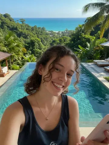 Exempel på Poolvilla: Personen sitter vid kanten av en infinitypool vid en tropisk villa med utsikt över djungel och hav en klar, solig dag.