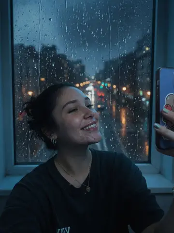 Exempel på Sorglig filmscen: Personen sitter vid ett regnstrimmigt fönster en kväll i en stämningsfull filmscen med kalla blå toner och mjukt filmkorn.
