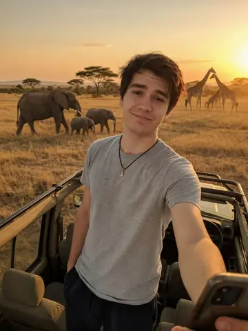 Exempel på Safari: Personen sitter i en öppen safarijeep på den afrikanska savannen med giraffer och elefanter bakom sig i gyllene kvällsljus.