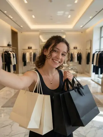 Exempel på Shoppingrus: Personen står i en ljus lyxbutik med massor av eleganta shoppingkassar utan logotyper i båda händerna.