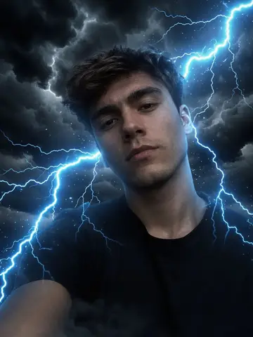 Exempel på Stormkraft: Klarblå elektriska blixtar sprakar runt personen mot en mörk stormhimmel, i dramatisk filmisk belysning.