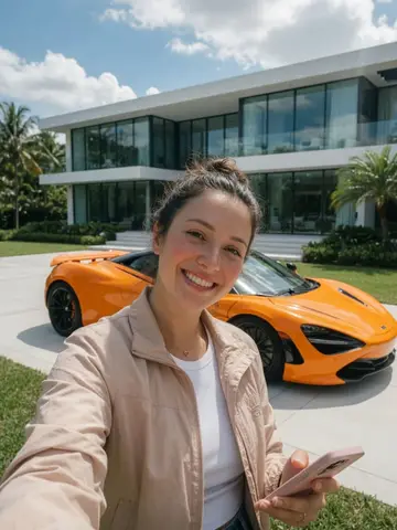 Exempel på Superbilsflex: Personen står bredvid en knallorange superbil utanför en modern lyxvilla.