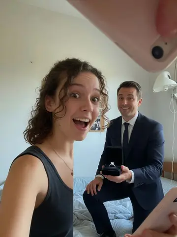 Exempel på Frieriet: Personen ser glatt överraskad ut medan en man i kostym står på ett knä bredvid och håller fram en öppen ringask med en diamantring.