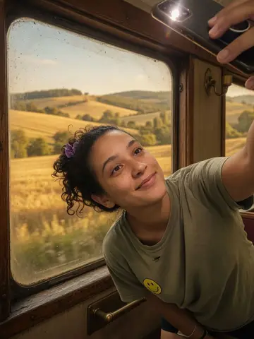 Exempel på Tågfönster: Personen sitter vid fönstret på ett gammalt tåg medan gyllene landsbygd glider förbi i varmt, filmiskt solljus.