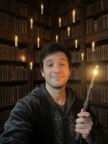Exempel på Trollkarlsskolan: Personen bär mörk trollkarlsmantel och håller en lysande trollstav i ett levande ljus-upplyst slottsbibliotek med svävande ljus och gamla böcker.